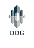 Reflected diamond styled DDG logo in two shades of blue-gray
