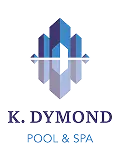 Reflected diamond styled K. Dymond Pool & Spa logo in two shades of blue