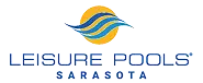 Leisure Pools Sarasota logo in various shades of blue, stylized blue waves over a golden yellow circle