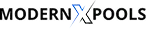 Modern X Pools logo, black text, stylized X in black and blue gradient