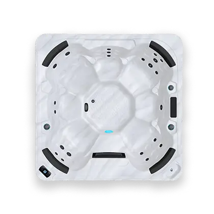 Top down view of a white and black spa