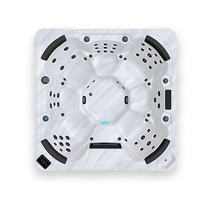 Top down view of a white and black spa