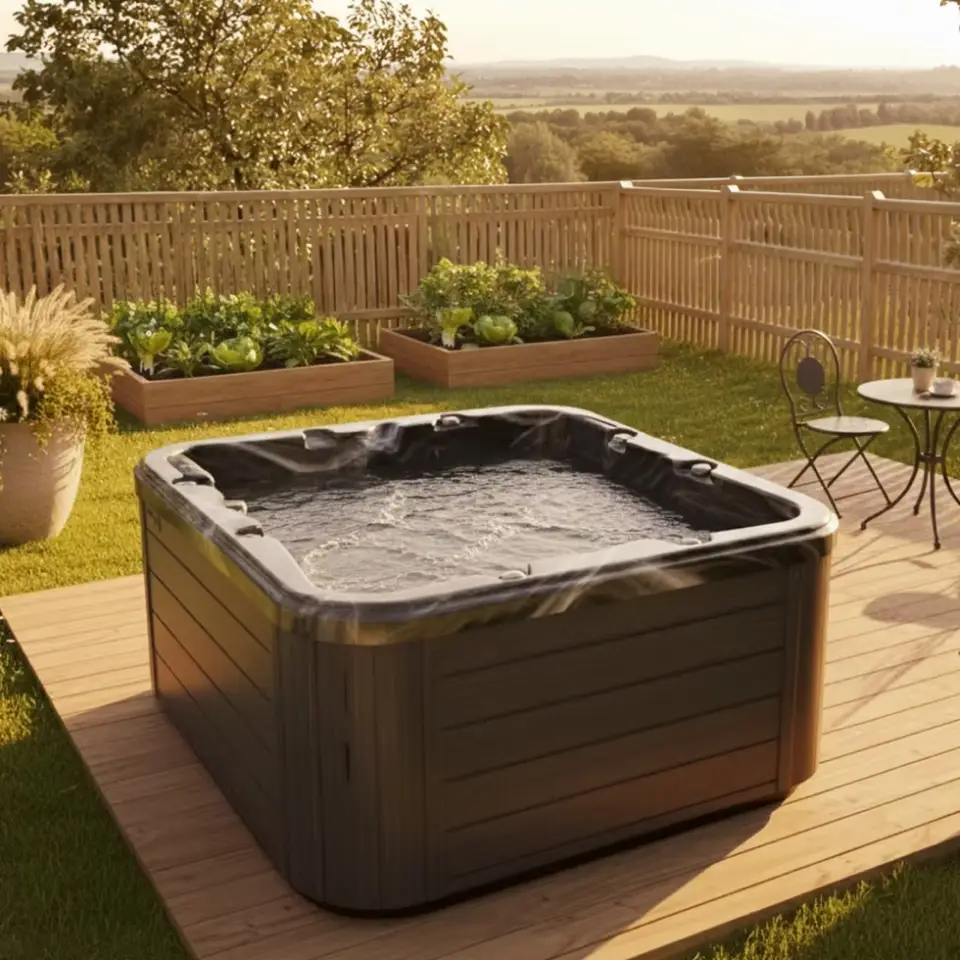 A spa with wooden style texture on the sides and white top and interior sits on a wooden patio of a fenced in area with greenery in the background