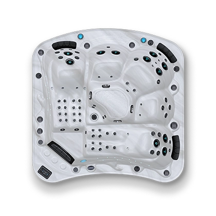 Top down view of a white and black spa
