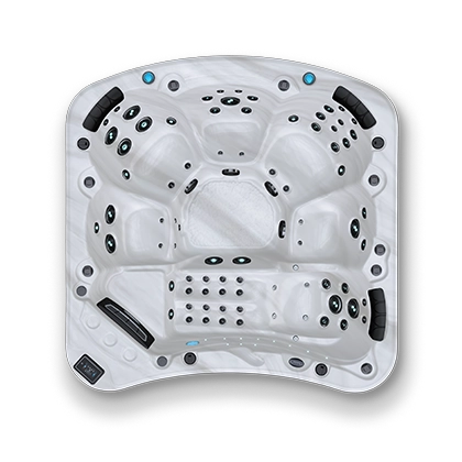 Top down view of a white and black spa