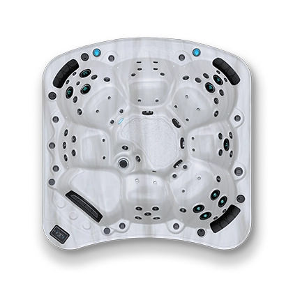 Top down view of a white and black spa