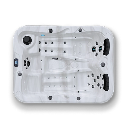 Top down view of a white and black spa
