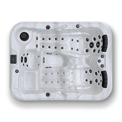 Top down view of a white and black spa