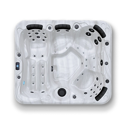 Top down view of a white and black spa