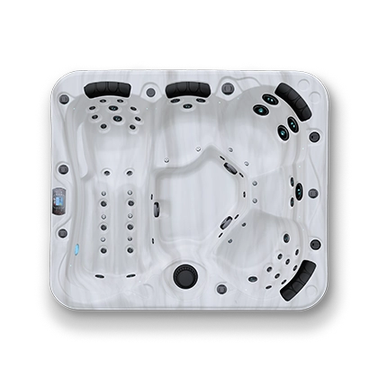 Top down view of a white and black spa