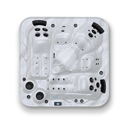Top down view of a white and black spa