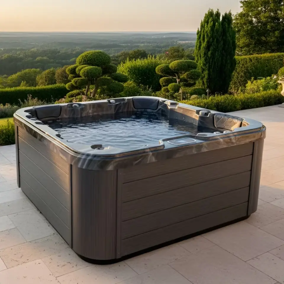 A spa with wooden style texture on the sides and gray marble texture for the top and interior sits on a tiled patio of a open style residence with a view of a green landscape