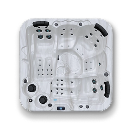 Top down view of a white and black spa