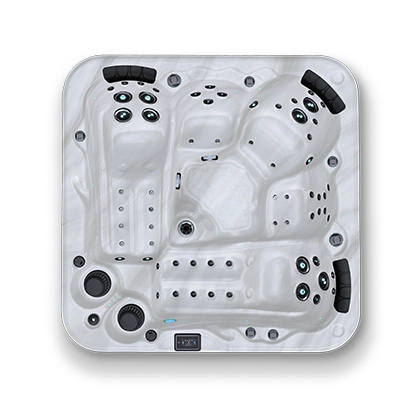 Top down view of a white and black spa