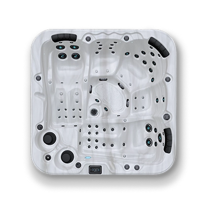 Top down view of a white and black spa