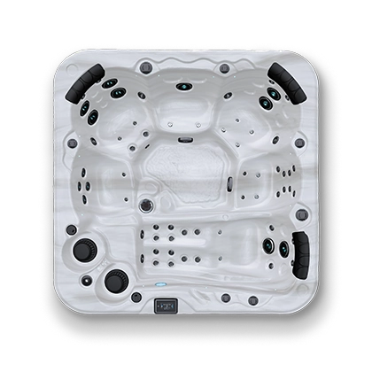 Top down view of a white and black spa