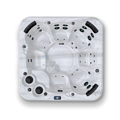 Top down view of a white and black spa