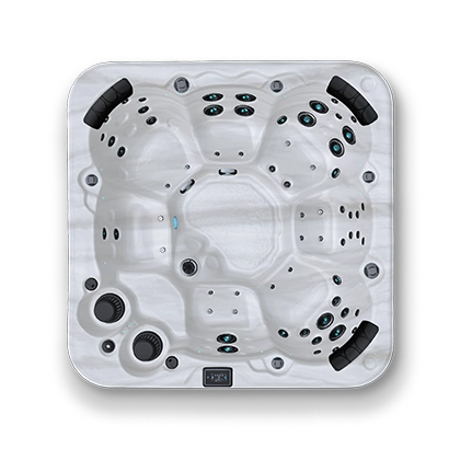 Top down view of a white and black spa