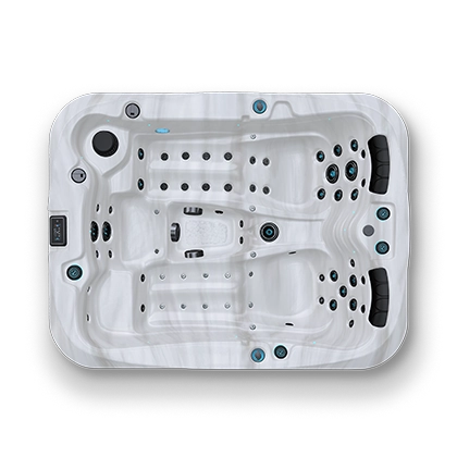 Top down view of a white and black spa