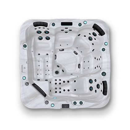 Top down view of a white and black spa