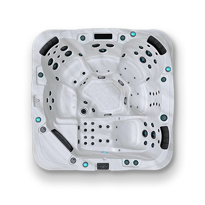Top down view of a white and black spa