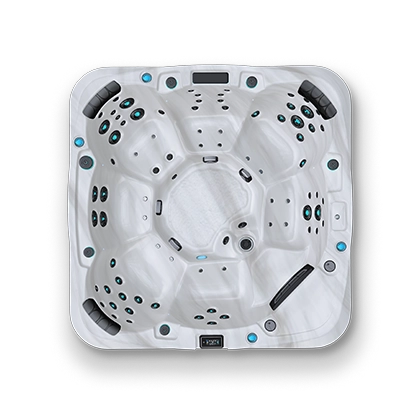 Top down view of a white and black spa