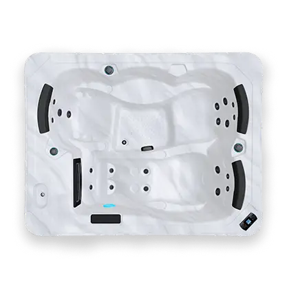 Top down view of a white and black spa