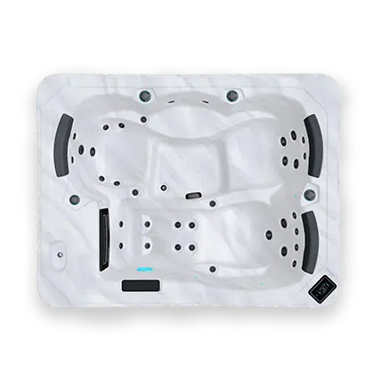 Top down view of a white and black spa