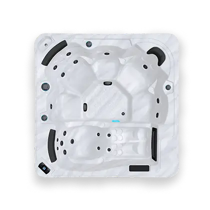 Top down view of a white and black spa