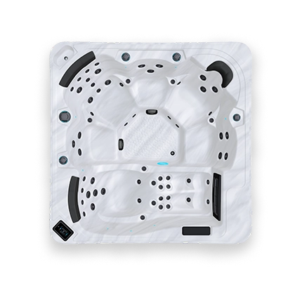 Top down view of a white and black spa