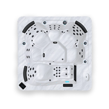 Top down view of a white and black spa