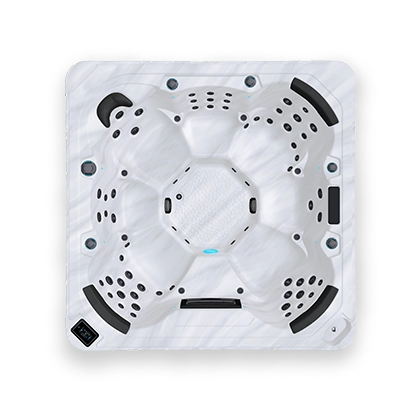 Top down view of a white and black spa