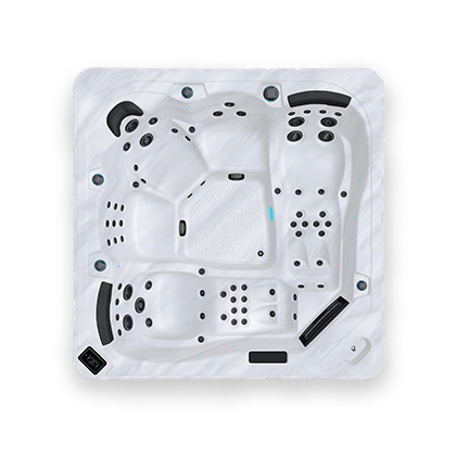 Top down view of a white and black spa